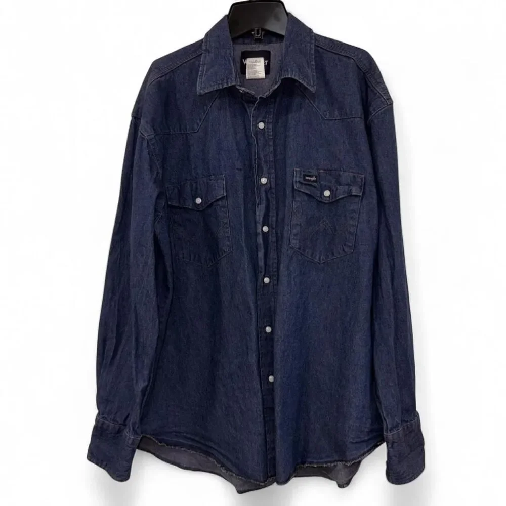 Wrangler Men's Blue Demin Jean Shirt XL Pearl Snap Vintage Cowboycore Western - Picture 2 of 8